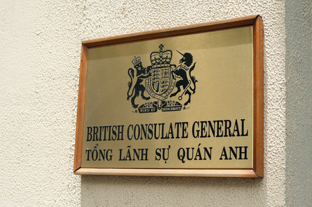 HO CHI MINH, VIETNAM - JULY 14, 2014: The nameboard of the British Consulate General in Le Duan...