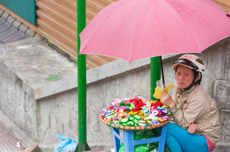 DALAT, VIETNAM - JULY 23, 2014: An unidentified woman sells local souvenirs - knitted charms sitting in the street.のeditorial素材