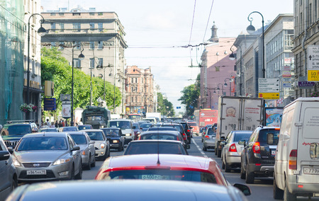 ST.PETERSBURG - JUNE 28, 2011: A lot of cars hardly move in a traffic jam at rush hours in the downtown. During recent 8 years the number of passenger vehicles in Russia has increased by 50 per cent.のeditorial素材