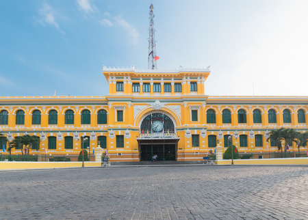 HO CHI MINH, VIETNAM - FEB 18, 2015: Saigon Central Post Office facade on Tet. It was designed and constructed by the famous architect Gustave Eiffel in harmony with the surrounding area.のeditorial素材