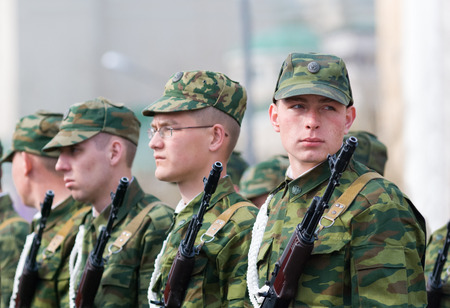 ULAN-UDE, RUSSIA - MAY 9, 2009: Unidentified young Russian soldiers wait for the parade on annual Victory Day at the central city square. World War 2 lasted for 6 years from 1939 till 1945.のeditorial素材