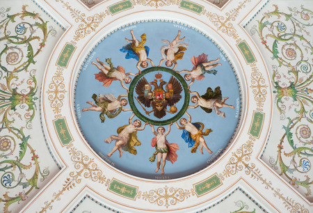 ST. PETERSBURG - JUNE 30, 2011: A ceiling painting depicts angels of Russian cities holding a garland around a double headed eagle, the emblem of the Russian Empire.のeditorial素材