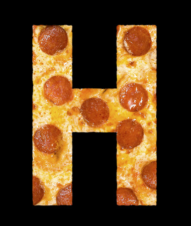 letter H cut out of pizza with peperoni and cheese, isolatedの写真素材