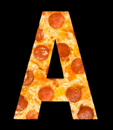 letter A cut out of pizza with peperoni and cheese, isolatedの写真素材