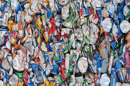 VUNG TAU, VIETNAM - AUGUST 28, 2015: A lot of empty beer cans deformed because of compression. Pollution and garbage utilization have become global problems of the earth.のeditorial素材