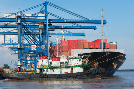HO CHI MINH, VIETNAM - OCTOBER 2, 2015: A container ship at Cat Lai New Port, a part of Saigon Port. By 2013, Saigon Port has become the 24th busiest container port in the world.のeditorial素材