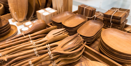 various bamboo crockery - plates, dishes, forks, spoonsの写真素材