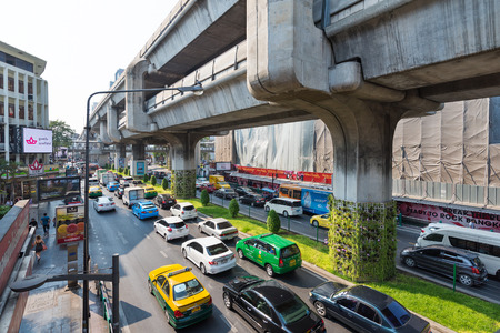 BANGKOK - MARCH 17, 2016 : A view at the road from under the sky train bridge near the Siam station....