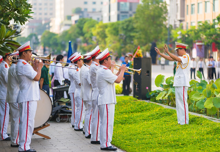 HO CHI MINH CITY, VIETNAM - MAY 19, 2016: A military band plays at the ceremony of bringing flowers to the Ho Chi Minhs monument on his birthday, an official public holiday.のeditorial素材