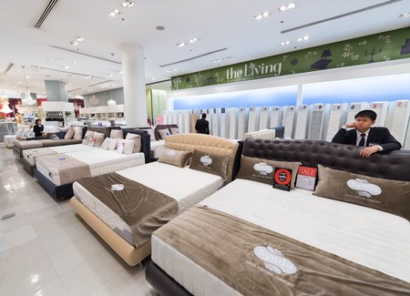 BANGKOK - MARCH 17, 2016: Various mattresses and pillows at a store of home goods in the Siam Paragon Mall, of the biggest shopping centres in Asia.のeditorial素材