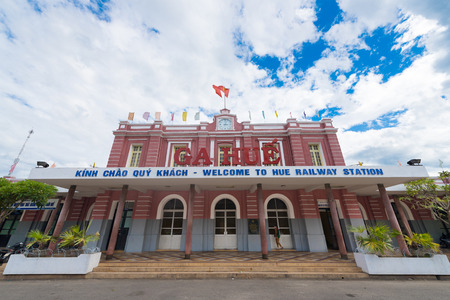 HUE, VIETNAM - JULY 28, 2014: A front view at the Hue railway station. The station was built by the French colonial authorities during the French Indochina period.のeditorial素材