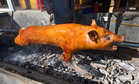 a small pig being barbecued on charcoalsの写真素材