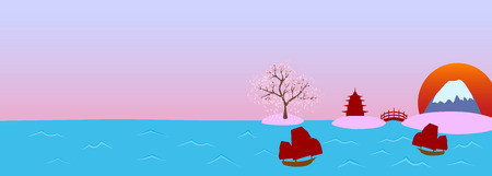 Beutiful horizontal landscape view of famous Japanese landmarks with copy space; made using vector graphicsのイラスト素材