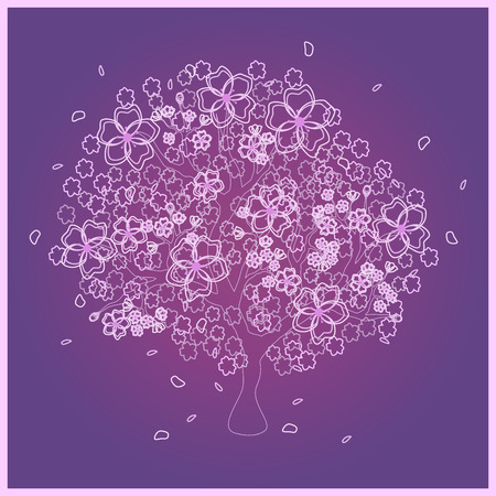 Beautiful outlined conceptual pink tree on violet background; made using vector graphicsのイラスト素材
