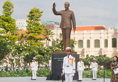 HO CHI MINH CITY, VIETNAM - MAY 19, 2016: Unidentified young soldiers stand in the honor guard by the Ho Chi Minhs monument on his birthday, an official public holiday.のeditorial素材
