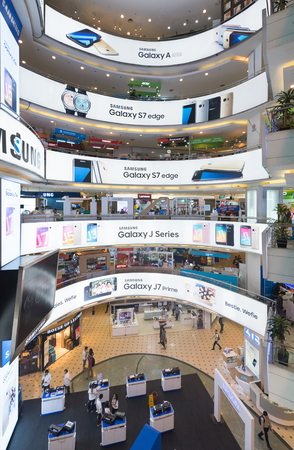 KUALA LUMPUR - MARCH 13, 2017: Samsung advertisement banners on each floor of Plaza Low Yat. Samsung Electronics is the worlds second largest information technology company by revenue, after Apple.のeditorial素材
