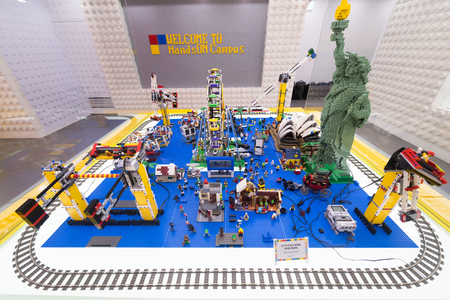 SEOUL, SOUTH KOREA - MARCH 29, 2017: An amusement park with moving attractions made of Lego blocks at the HandsOn Campus, a Lego education center.のeditorial素材