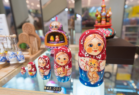SEOUL - MARCH 29, 2017: Matryoshkas, russian dolls, for sale in the Hyundai IPark shopping mall, the biggest shopping complex in South Korea.のeditorial素材