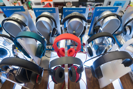 SEOUL - MARCH 29, 2017: Various headphones for sale at a store in the Hyundai IPark shopping mall, the biggest shopping complex in South Korea.のeditorial素材