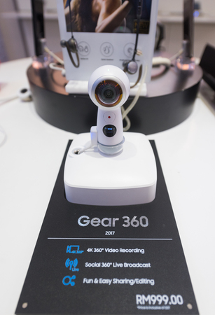 KUALA LUMPUR - JUNE 16, 2017: Samsung Gear 360 for sale in the Pavilion mall. It is a 360 degree camera produced by Samsung Electronics in the Samsung Gear family of devices.のeditorial素材