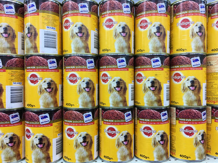 SIEM REAP, CAMBODIA - APRIL 28, 2020: Various Pedigree products for sale at a local supermarket. Pedigree Petfoods is a subsidiary of the American group Mars, Incorporated specializing in pet food.のeditorial素材