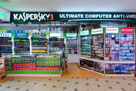 KUALA LUMPUR, MALAYSIA - MARCH 14, 2017: A computer shop of hardware and software products at Plaza Low Yat, a large shopping mall with a wide assortment of IT products.のeditorial素材