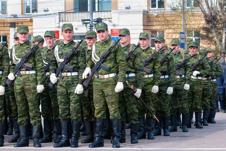 ULAN-UDE, RUSSIA - MAY 9, 2009: Young russian soldiers stand in formation at the parade on annual Victory Day.のeditorial素材