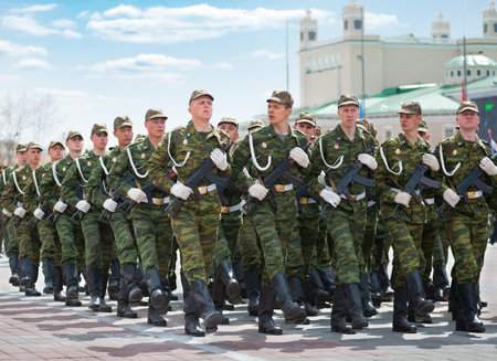 ULAN-UDE, RUSSIA - MAY 9, 2010: Young russian soldiers march at the parade on annual Victory Day.のeditorial素材
