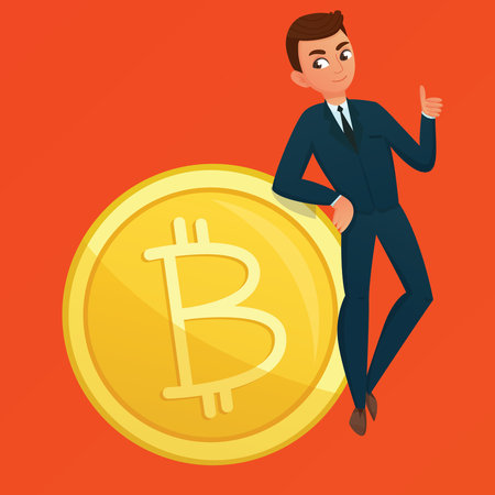 Businessman with golden bitcoin coin. Vector illustration in cartoon style.のイラスト素材