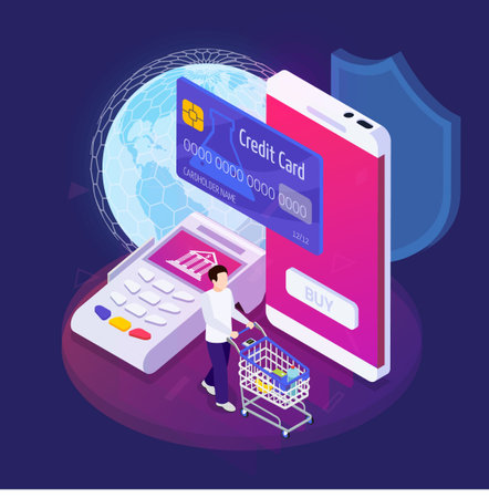 Isometric online payment concept with smartphone and credit card on dark blue backgroundのイラスト素材
