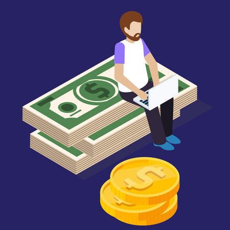 Isometric flat 3d vector illustration of a man with a laptop sitting on a stack of dollar billsのイラスト素材