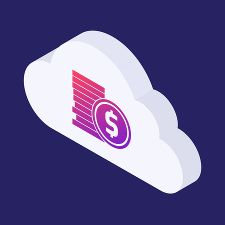 Isometric cloud and coin icon. Cryptocurrency symbol. Vector illustrationのイラスト素材