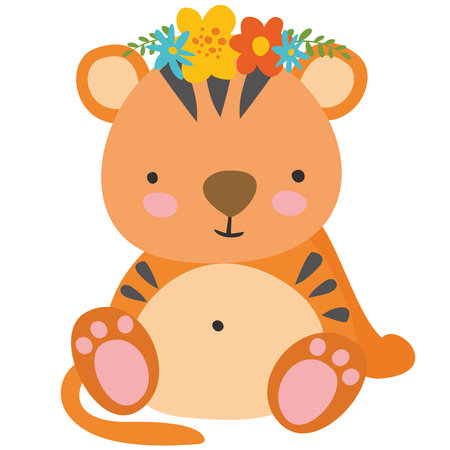 Cute baby tiger with flowers isolated on white background. Vector illustration.のイラスト素材