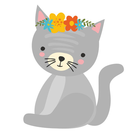 Cute cat with flower wreath vector illustration. Cute cat with flower wreath.のイラスト素材