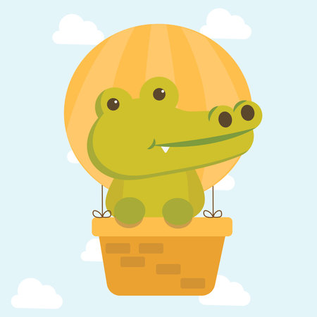 Crocodile in hot air balloon. Vector illustration in flat styleのイラスト素材