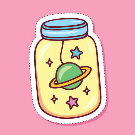 Baby jar with planets and stars. Vector illustration in doodle styleのイラスト素材