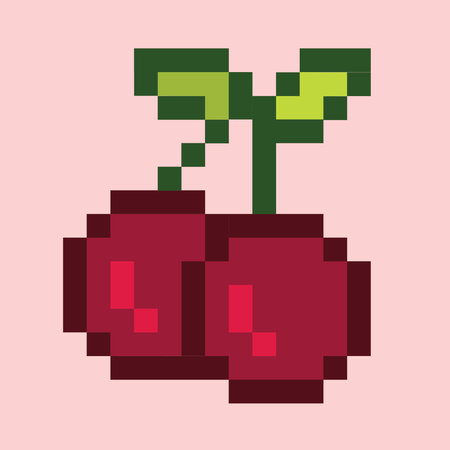 Pixel art cherries isolated on pink background. Vector illustration in flat style.