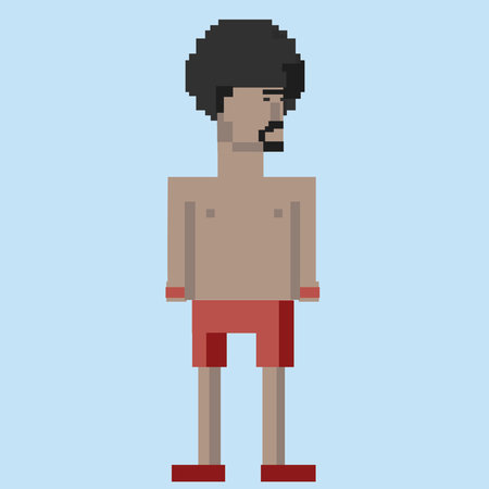 Pixel art character of an African American man in shorts. Vector illustrationのイラスト素材