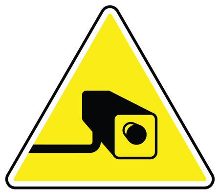 CCTV camera icon on yellow triangle warning sign. Vector illustration.のイラスト素材