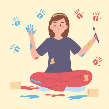 Girl in yoga pose with paintbrush. Vector illustration in flat styleのイラスト素材