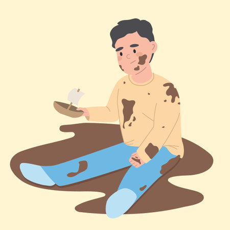 Man sitting on the ground and eating chocolate. Vector illustration in cartoon style.のイラスト素材