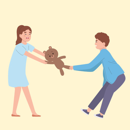 Boy and girl playing with teddy bear. Vector illustration in cartoon styleのイラスト素材