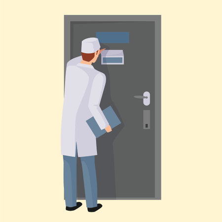 Cartoon vector illustration of a doctor in a white coat standing in front of a door.のイラスト素材