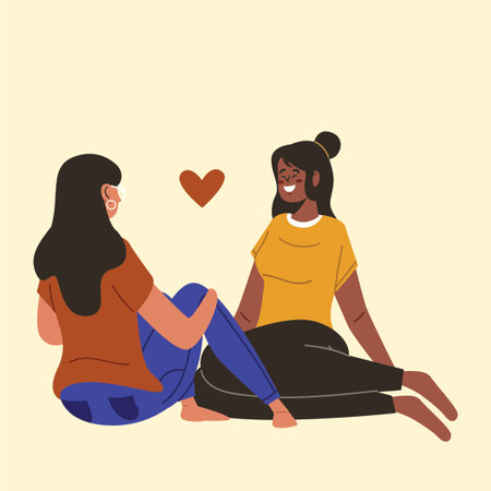 Two girls sitting on the floor and talking. Vector illustration in flat styleのイラスト素材