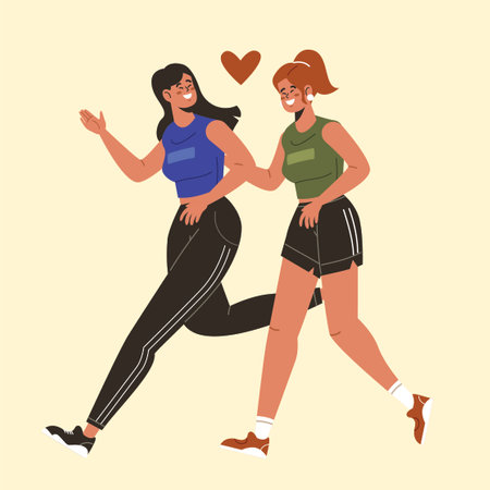 Two happy young women in sportswear dancing together, vector illustrationのイラスト素材