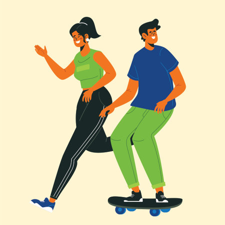 Man and woman skateboarding. Vector illustration in flat cartoon style.のイラスト素材