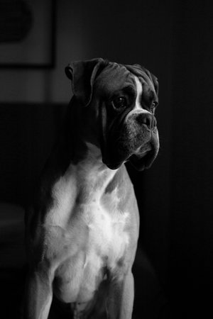 Boxer dog looking at the camera in the dark, black and whiteの写真素材