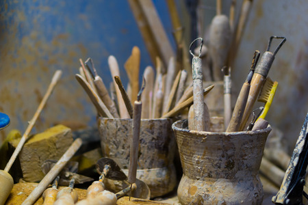 Workspace with brushes in a studioのeditorial素材