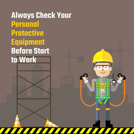 Always check your personal protective equipment before start to work vector banner design. Safety rules for construction work.のイラスト素材