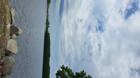 Panoramic view of the lake and the sky with clouds.の写真素材